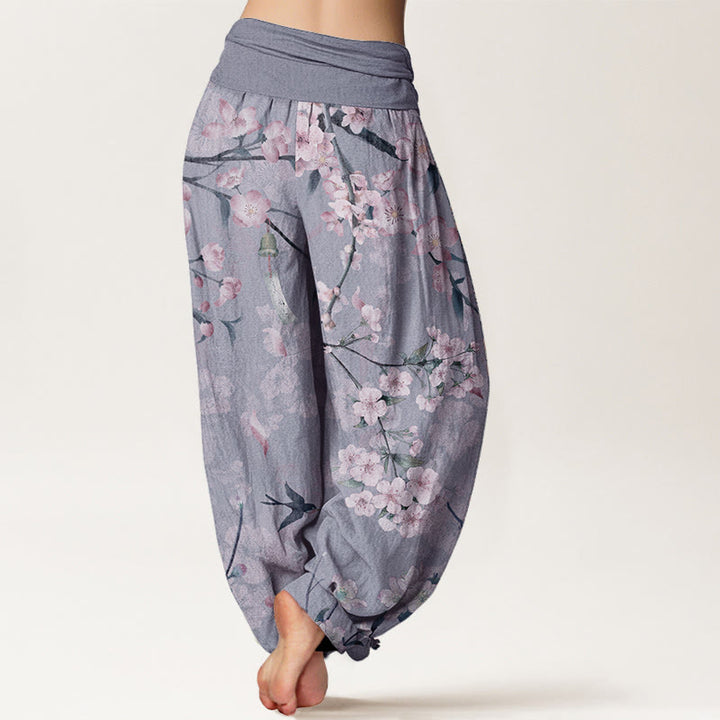 Buddha Stones Cotton Peach Blossoms Flying Geese Pattern Women's Elastic Waist Harem Pants - image 8