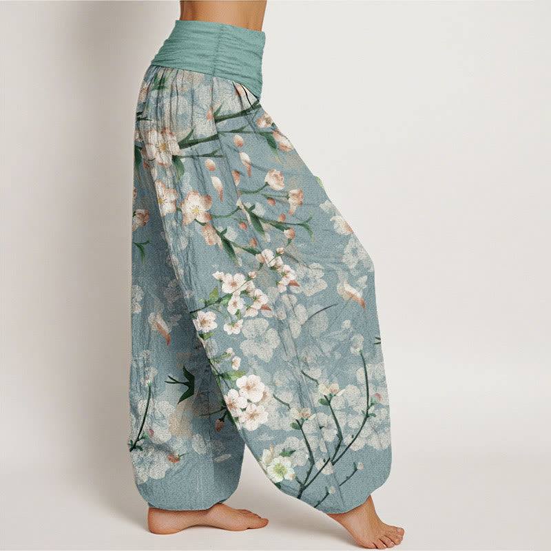 Buddha Stones Cotton Peach Blossoms Flying Geese Pattern Women's Elastic Waist Harem Pants - image 2