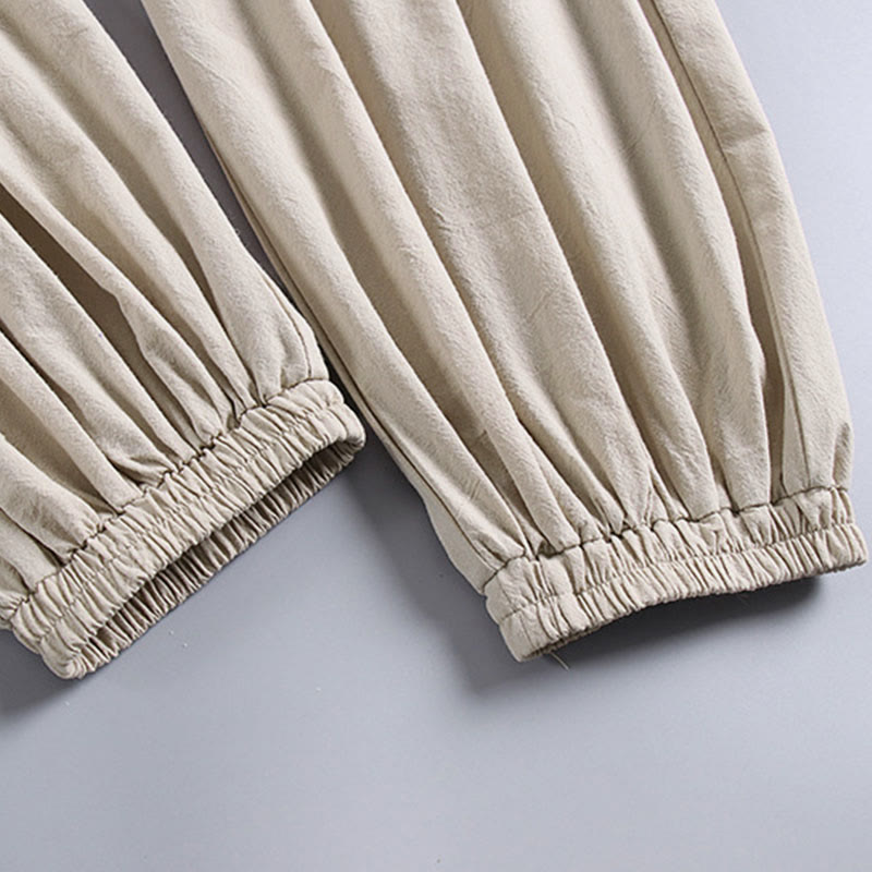 Buddha Stones Plain Drawstring Tapered Ankle-Length Men's Cotton Linen Pants With Pockets - image 8