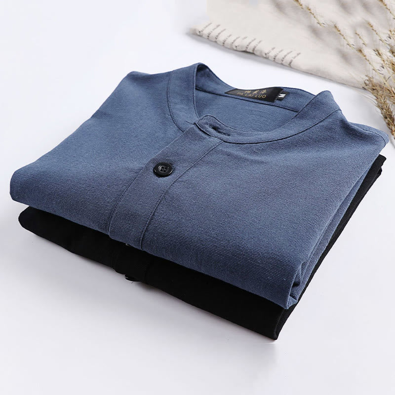 Buddha Stones Simple Solid Color Half Buttons Men's Long Sleeve Cotton Shirt - image 11