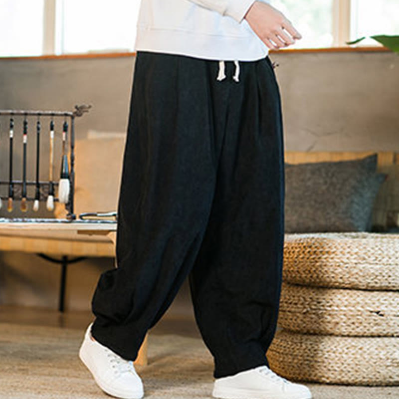 Buddha Stones Retro Men's Plain Fleece-Lined Corduroy Simple Design Harem Pants With Pockets - image 39