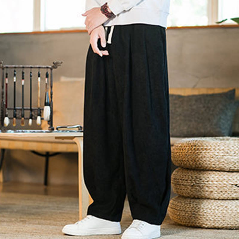 Buddha Stones Retro Men's Plain Fleece-Lined Corduroy Simple Design Harem Pants With Pockets - image 38