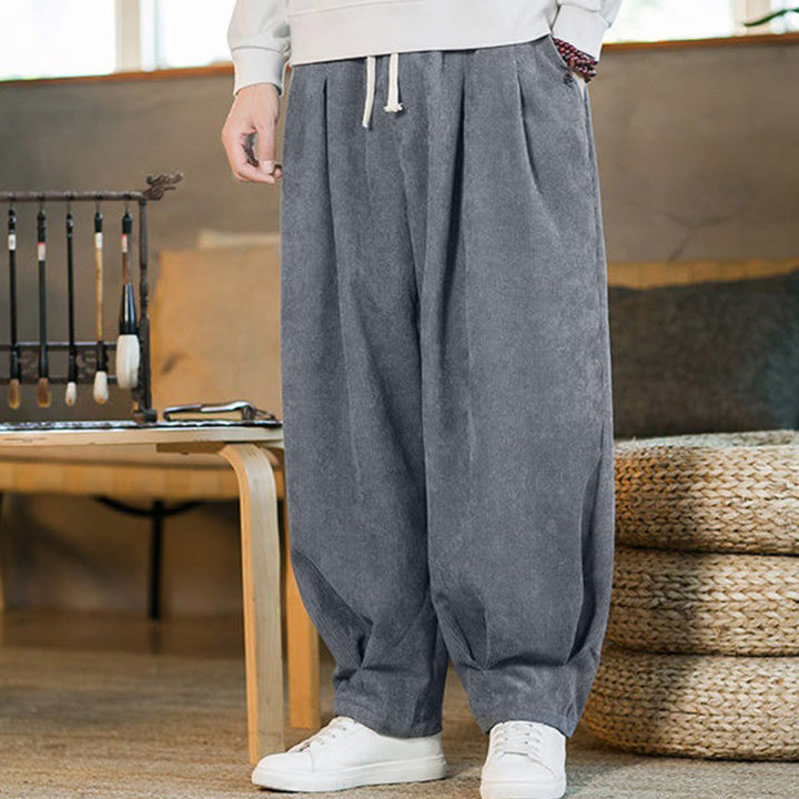 Buddha Stones Retro Men's Plain Fleece-Lined Corduroy Simple Design Harem Pants With Pockets - image 17