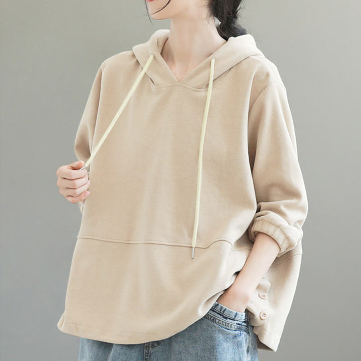 Buddha Stones Fall Solid Color Side Buttons Cotton Long Sleeve Women's Hoodie - image 2