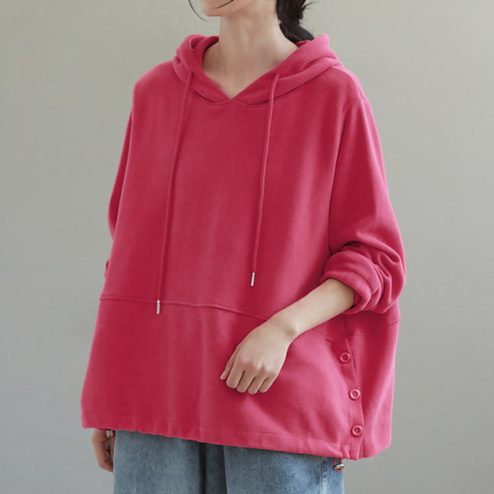 Buddha Stones Fall Solid Color Side Buttons Cotton Long Sleeve Women's Hoodie - DeepPink - US8-10，UK/AU12-14，EU40-42 (2XL) - image 10