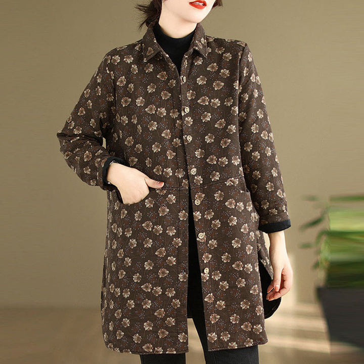 Buddha Stones Fall Winter Buttons Flower Patterns Long Sleeve Cotton Women's Jacket With Pockets - image 1