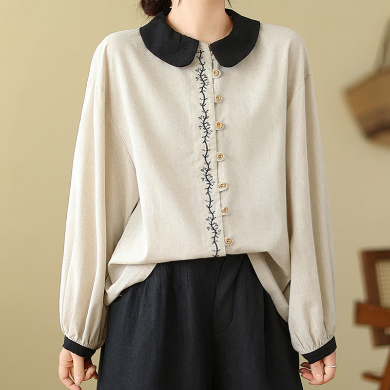 Buddha Stones Spring Embroidery Buttons Design Women's Cotton Peter Pan Collar Long Sleeve Shirt - image 5