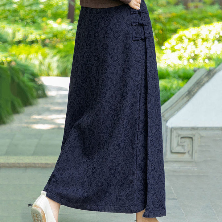 Buddha Stones Fall Winter Floral Pattern Frog-Button Women's Corduroy Skirt With Pockets - image 4