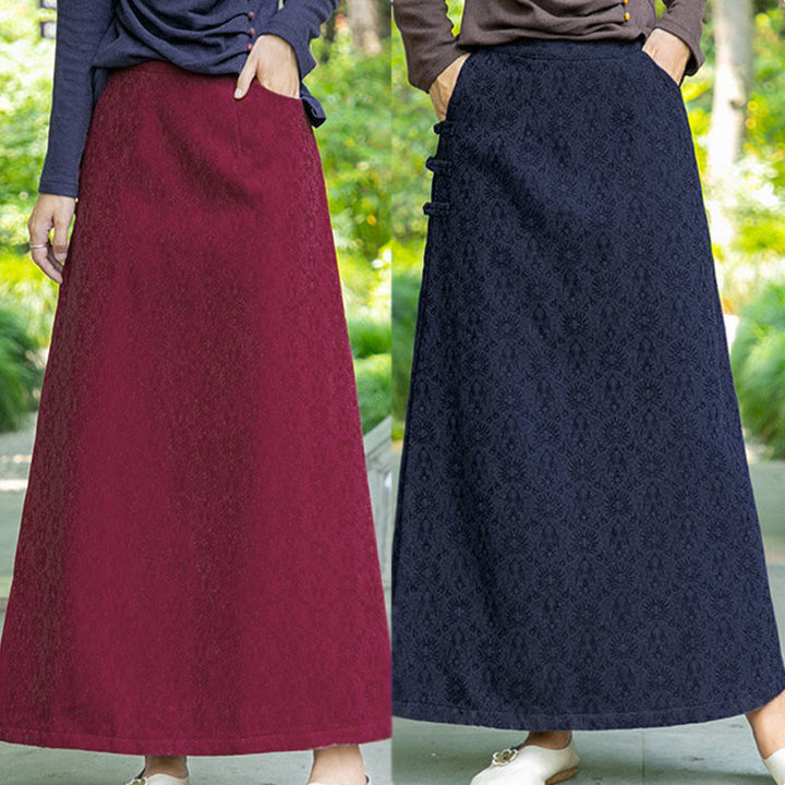 Buddha Stones Fall Winter Floral Pattern Frog-Button Women's Corduroy Skirt With Pockets - image 13