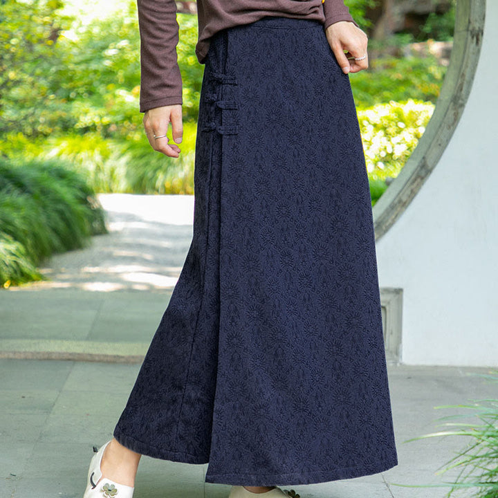 Buddha Stones Fall Winter Floral Pattern Frog-Button Women's Corduroy Skirt With Pockets - MidnightBlue - US6，UK/AU10，EU38 (XL) - image 0