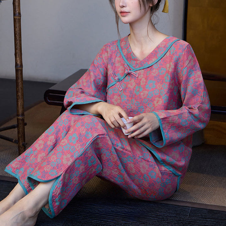 Buddha Stones 2pcs Floral Pattern Frog-Button Long Sleeve Round Neck Shirt Pants Cotton Pajamas Set  - image 5