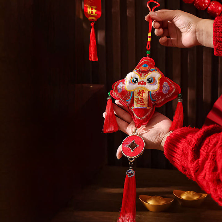 Buddha Stones Embroidery Year Of The Horse Fu Character Copper Coin Shape Red String Hanging Decoration - Lion Good Luck(15*52cm) - image 9