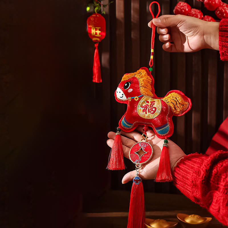 Buddha Stones Embroidery Year Of The Horse Fu Character Copper Coin Shape Red String Hanging Decoration - image 1