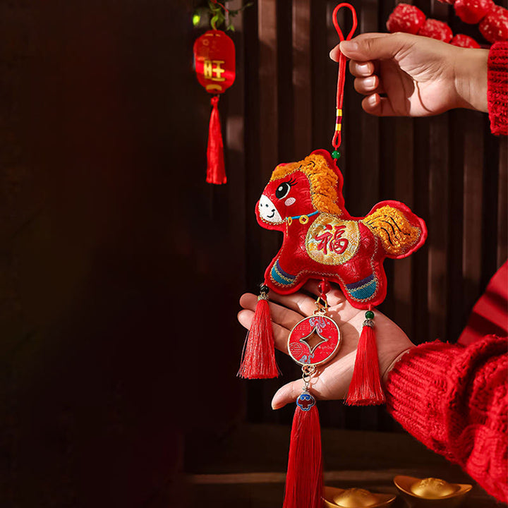 Buddha Stones Embroidery Year Of The Horse Fu Character Copper Coin Shape Red String Hanging Decoration - image 1