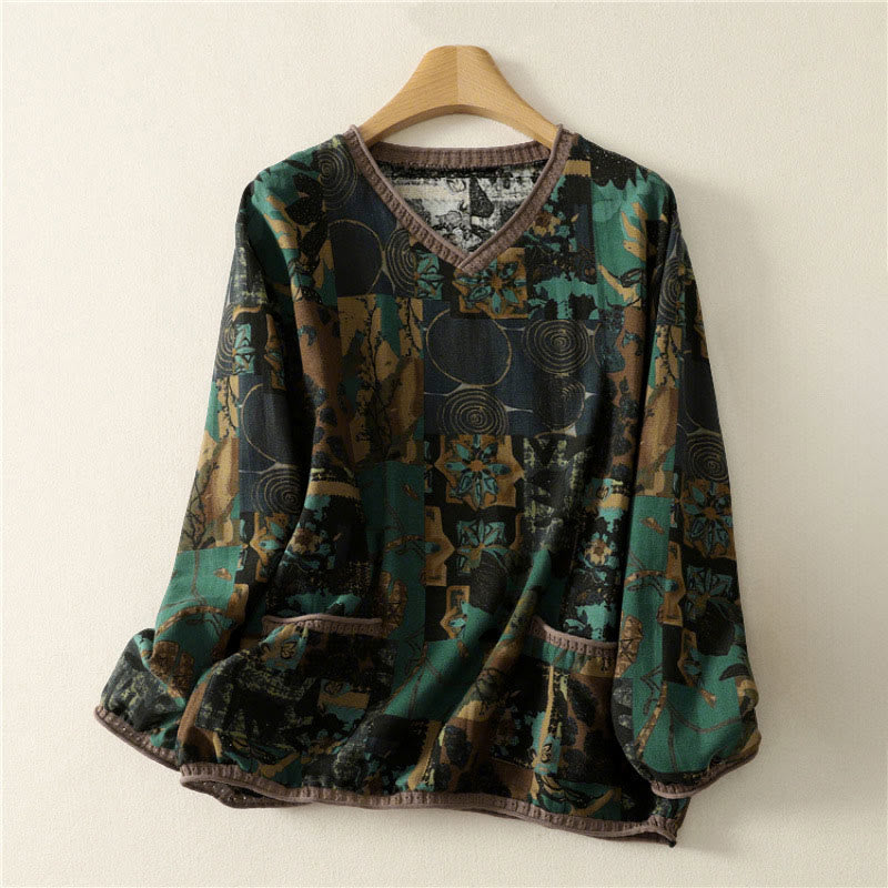 Buddha Stones Fall Geometric Patchwork V-Neck Women's Long Sleeve T-shirt With Pockets - DarkSeaGreen - US4-6，UK/AU8-10，EU36-38 (F) - image 8