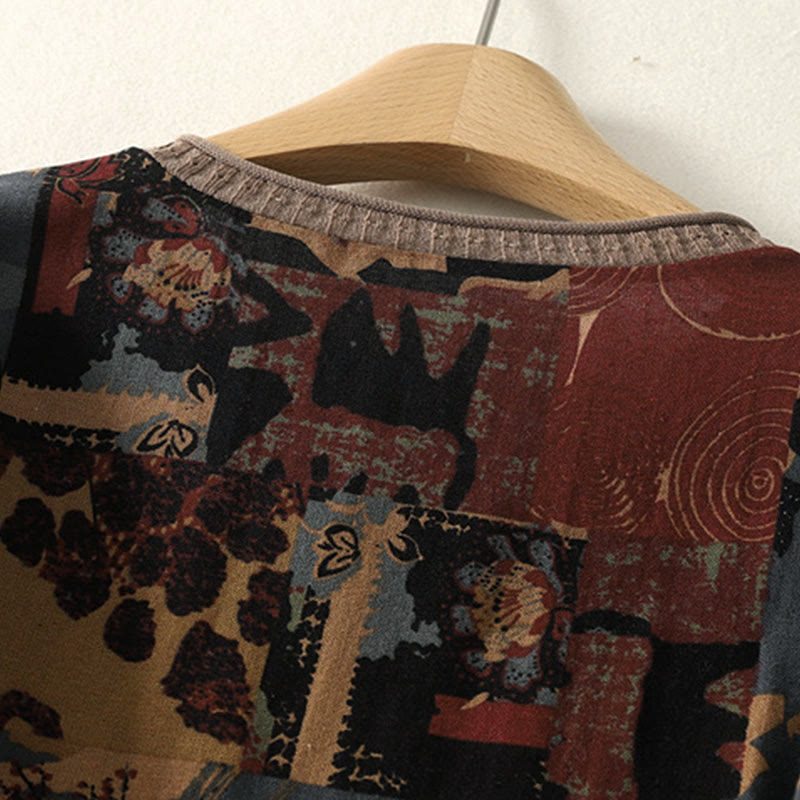 Buddha Stones Fall Geometric Patchwork V-Neck Women's Long Sleeve T-shirt With Pockets - image 3