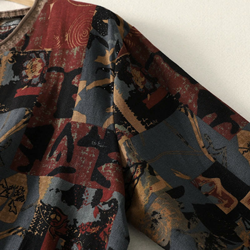 Buddha Stones Fall Geometric Patchwork V-Neck Women's Long Sleeve T-shirt With Pockets - image 4