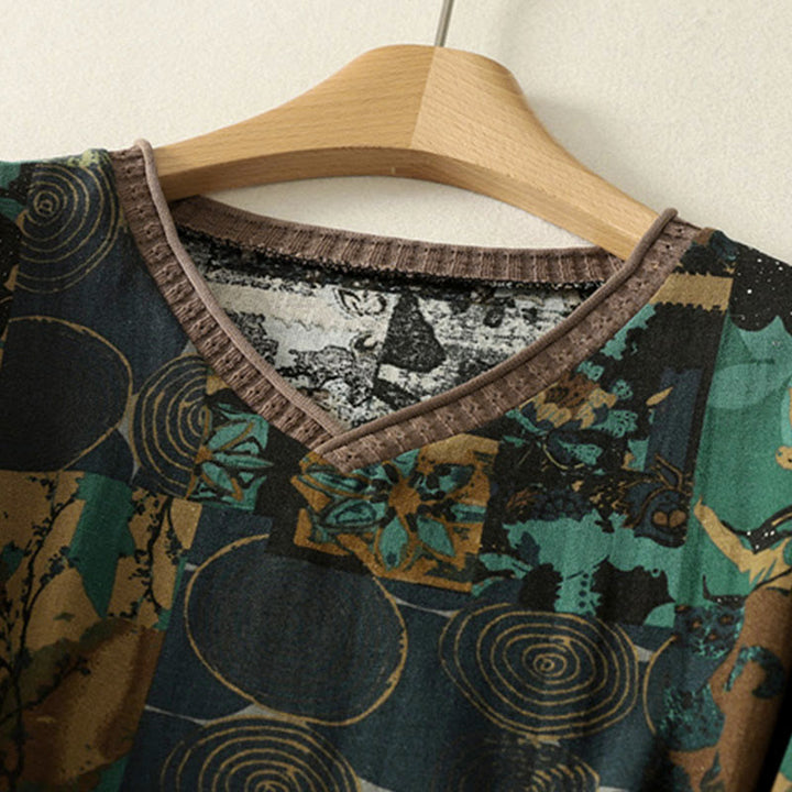 Buddha Stones Fall Geometric Patchwork V-Neck Women's Long Sleeve T-shirt With Pockets - image 10