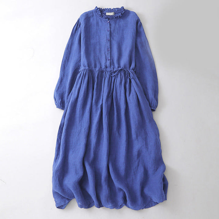 Buddha Stones Plain Long Sleeve Cotton Midi Dress With Pockets - Blue - US8-10，UK/AU12-14，EU40-42 (2XL) - image 0