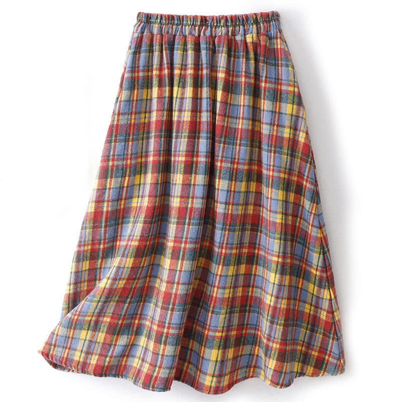Buddha Stones Fall Winter Women's Plaid Pattern Cotton Skirt With Pockets - Red - US8-10，UK/AU12-14，EU40-42 (2XL) - image 0