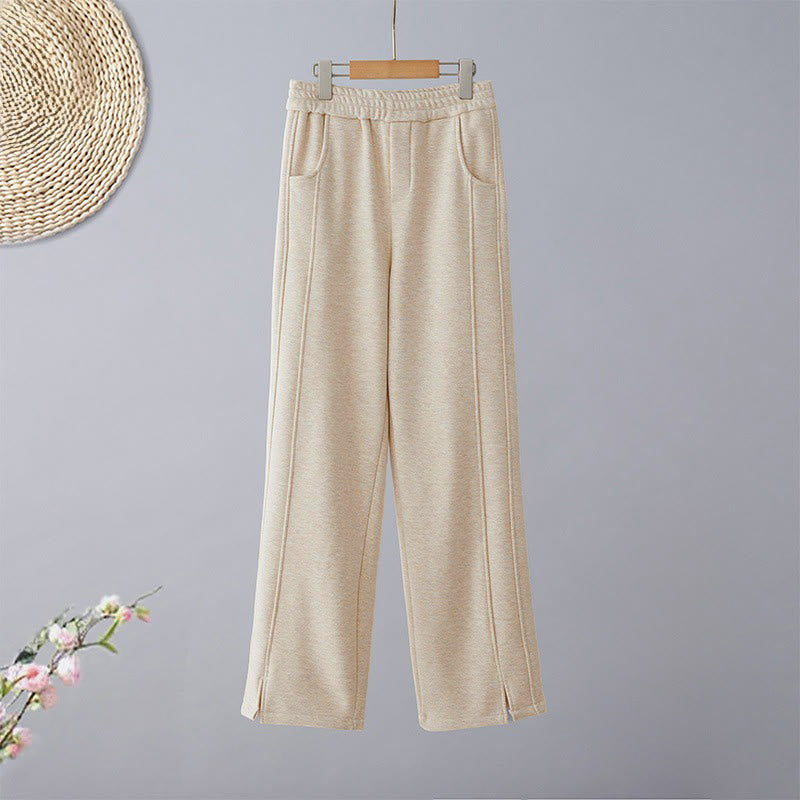 Buddha Stones Plain Color Blocking Cotton Thick Casual Women's Pants With Pockets - BlanchedAlmond - US8-10，UK/AU12-14，EU40-42 (2XL) - image 1