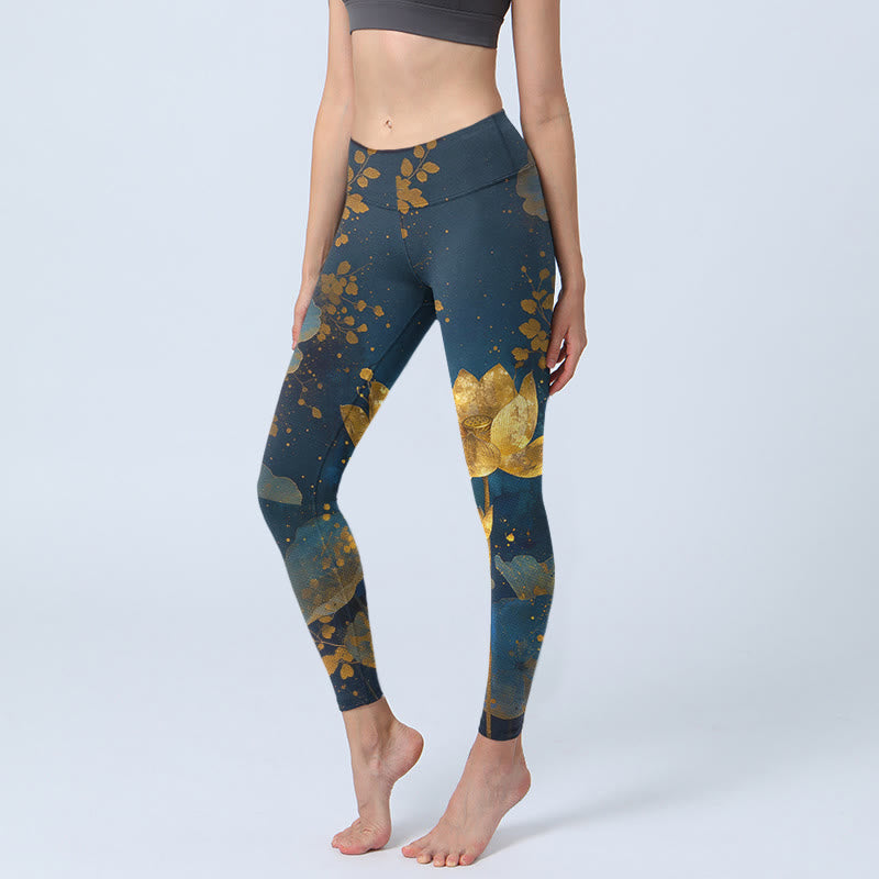 Buddha Stones Elegant Dignified Lotus Flower Leaf Spot Pattern Print Gym Leggings Women's Yoga Pants - SteelBlue - US18，UK/AU22，EU50 (4XL) - image 0
