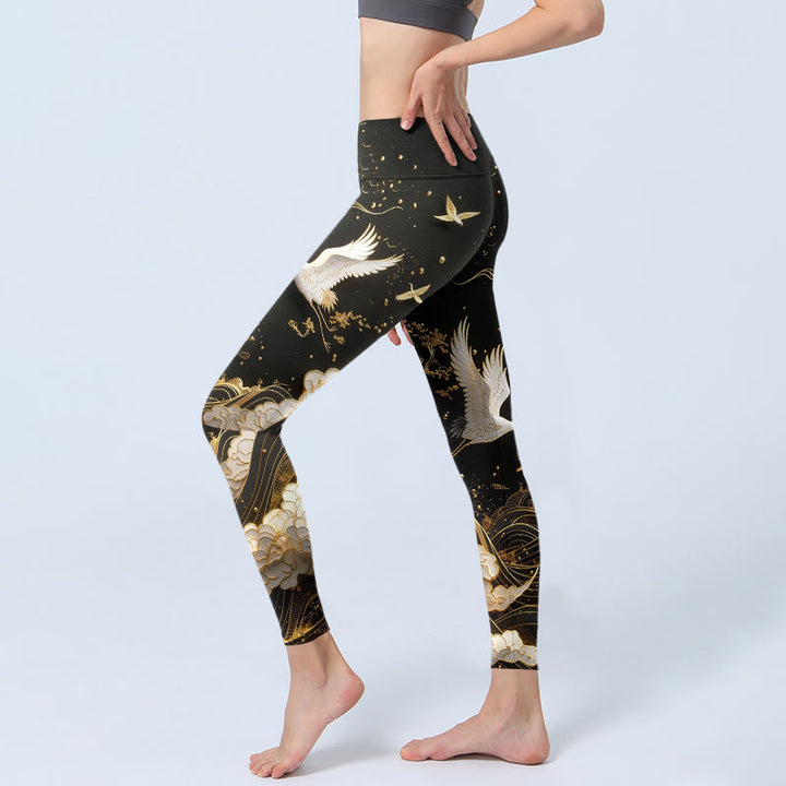 Buddha Stones Crane Cloud Waves Pine Tree Pattern With Delicate Lines Print Gym Leggings Women's Yoga Pants - image 2