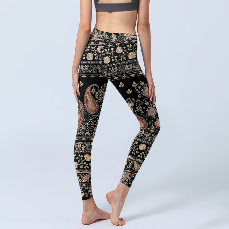 Buddha Stones Retro Repetitive Flower Leaf Vine Pattern Print Gym Leggings Women's Yoga Pants - image 4