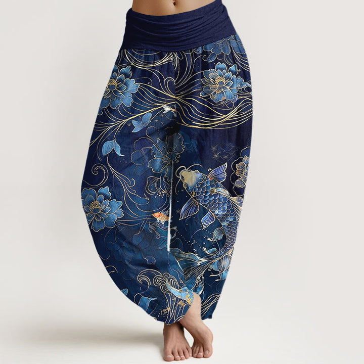 Buddha Stones Pure Cotton Dreamlike Koi Fish Peony Curve Pattern Women's Elastic Waist Harem Pants - Navy - US16，UK/AU20，EU48 (3XL) - image 0
