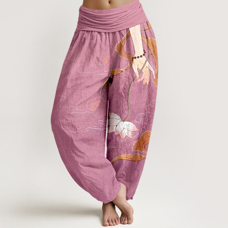 Buddha Stones Pure Cotton Lotus Flower Flowing Ribbons Hand Wearing Prayer Beads Clouds Pattern Women's Elastic Waist Harem Pants - HotPink - US16，UK/AU20，EU48 (3XL) - image 8
