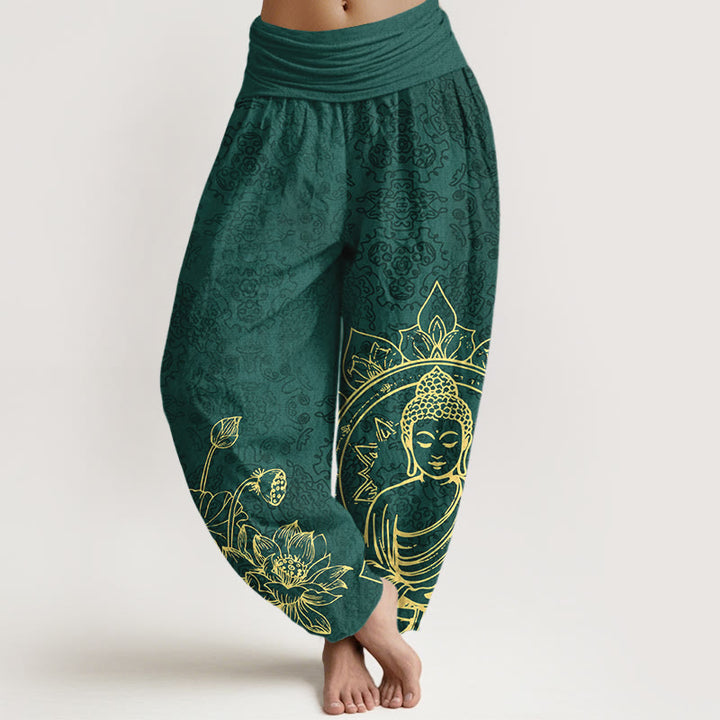 Buddha Stones Pure Cotton Classical Lotus Flower Seedpod Leaf Buddha Pattern Women's Elastic Waist Harem Pants - DarkGreen - US16，UK/AU20，EU48 (3XL) - image 0