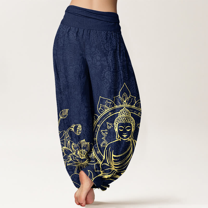 Buddha Stones Pure Cotton Classical Lotus Flower Seedpod Leaf Buddha Pattern Women's Elastic Waist Harem Pants - image 6