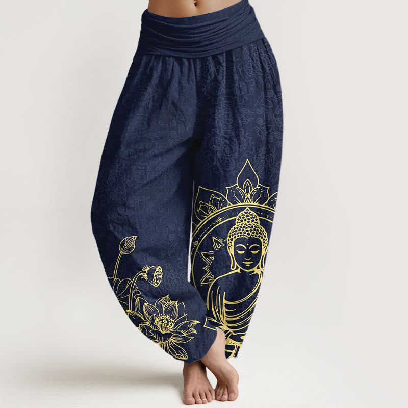 Buddha Stones Pure Cotton Classical Lotus Flower Seedpod Leaf Buddha Pattern Women's Elastic Waist Harem Pants - DarkBlue - US16，UK/AU20，EU48 (3XL) - image 5