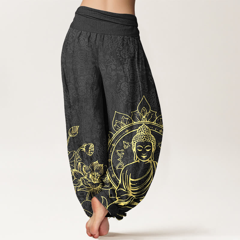 Buddha Stones Pure Cotton Classical Lotus Flower Seedpod Leaf Buddha Pattern Women's Elastic Waist Harem Pants - image 9