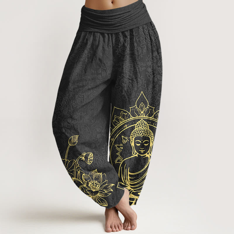 Buddha Stones Pure Cotton Classical Lotus Flower Seedpod Leaf Buddha Pattern Women's Elastic Waist Harem Pants - Black - US16，UK/AU20，EU48 (3XL) - image 8