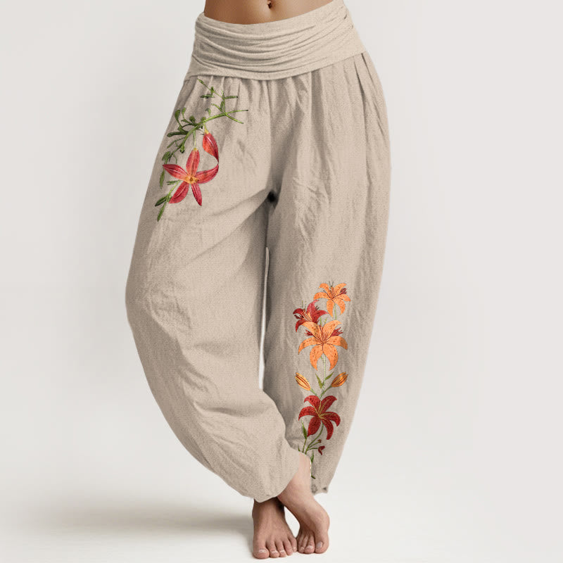 Buddha Stones Pure Cotton Brightly Colored Lilies Five-Petaled Flower Pattern Women's Elastic Waist Harem Pants - Tan - US16，UK/AU20，EU48 (3XL) - image 0