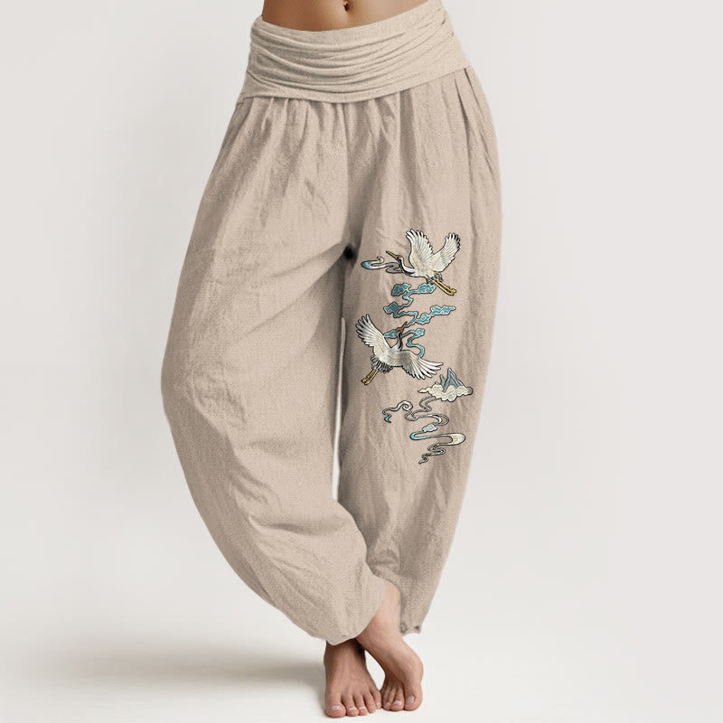 Buddha Stones Pure Cotton Elegant Crane Cloud Mountain Pattern Women's Elastic Waist Harem Pants - Tan - US16，UK/AU20，EU48 (3XL) - image 11