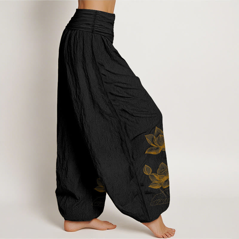 Buddha Stones Pure Cotton Line Drawing Lotus Flower Pattern Women's Elastic Waist Harem Pants - image 2