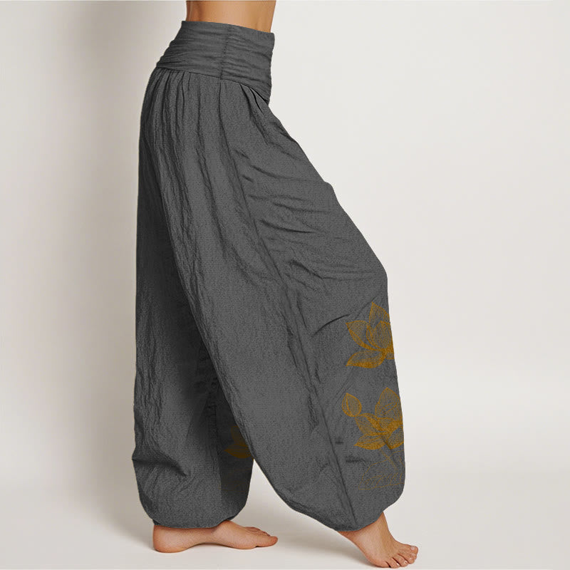 Buddha Stones Pure Cotton Line Drawing Lotus Flower Pattern Women's Elastic Waist Harem Pants - image 10