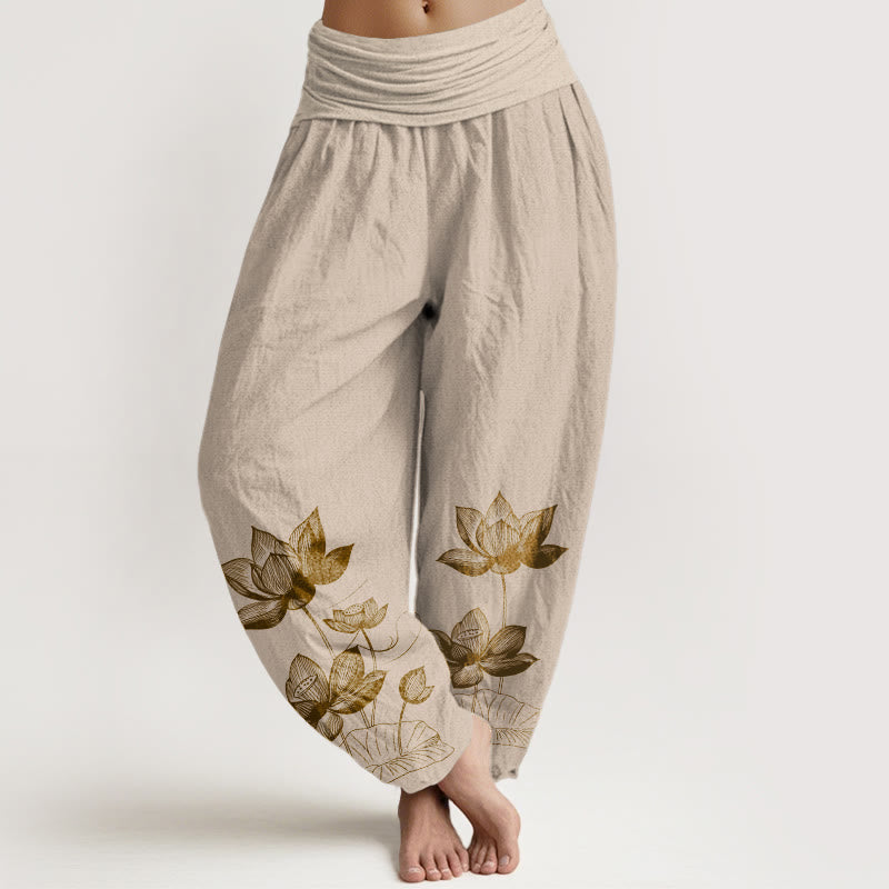 Buddha Stones Pure Cotton Line Drawing Lotus Flower Pattern Women's Elastic Waist Harem Pants - Tan - US16，UK/AU20，EU48 (3XL) - image 11