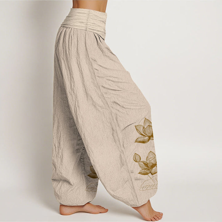 Buddha Stones Pure Cotton Line Drawing Lotus Flower Pattern Women's Elastic Waist Harem Pants - image 13