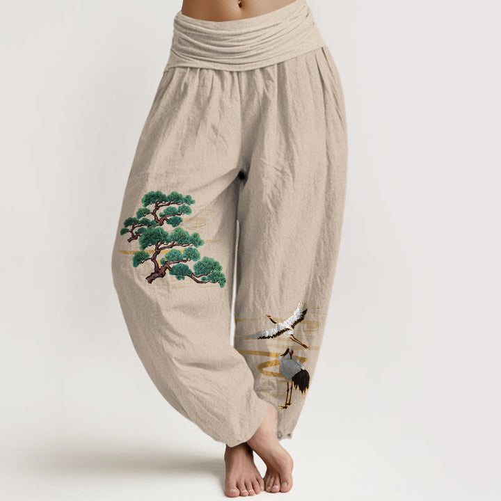 Buddha Stones Pure Cotton Elegant Colors Pine Tree Crane Pattern Women's Elastic Waist Harem Pants - Tan - US16，UK/AU20，EU48 (3XL) - image 0