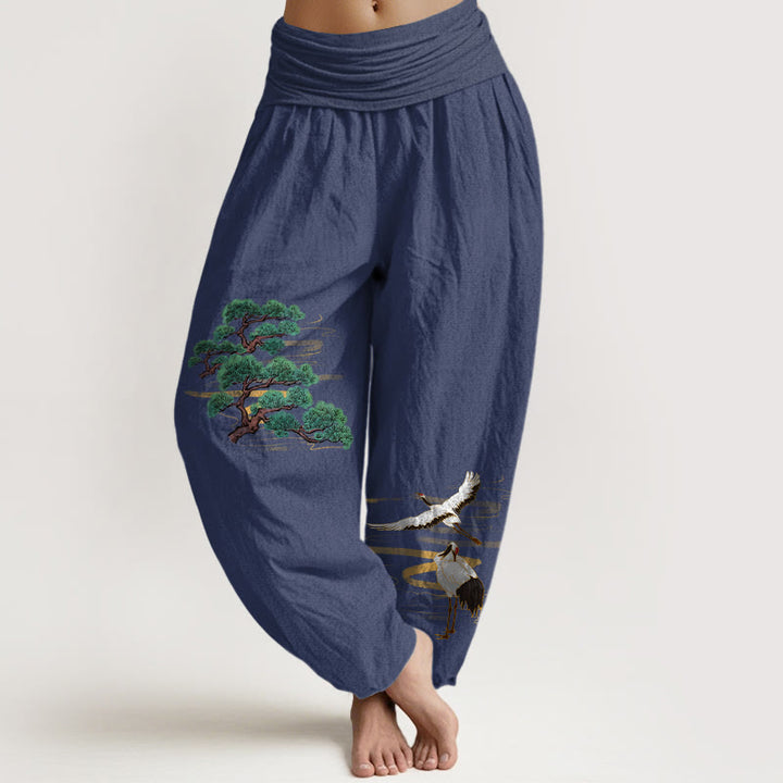 Buddha Stones Pure Cotton Elegant Colors Pine Tree Crane Pattern Women's Elastic Waist Harem Pants - DarkSlateBlue - US16，UK/AU20，EU48 (3XL) - image 8