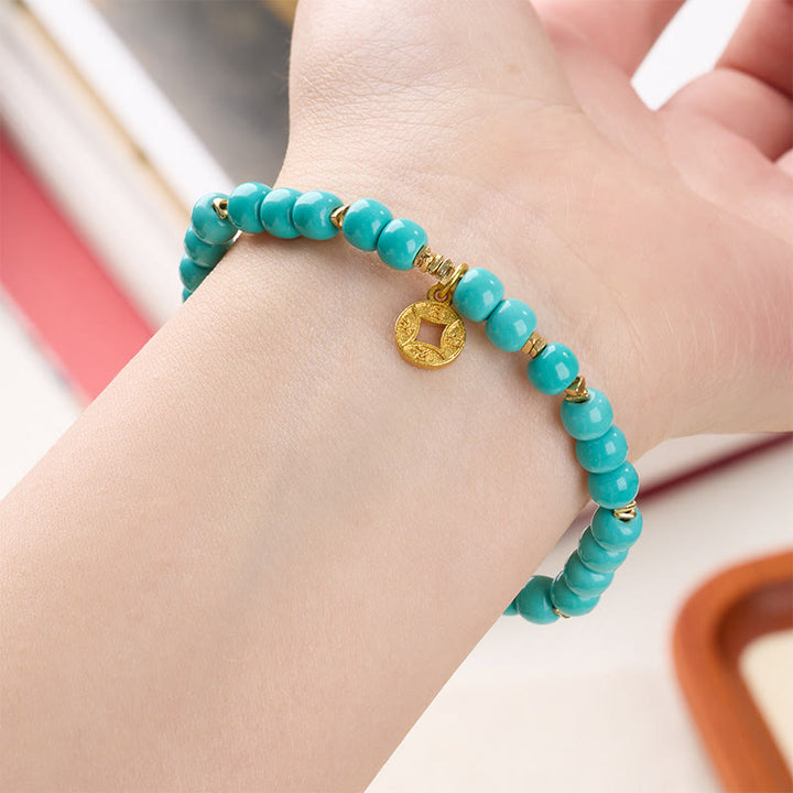 Buddha Stones Copper Coins Charm Imitation Turquoise Bracelet - image 2