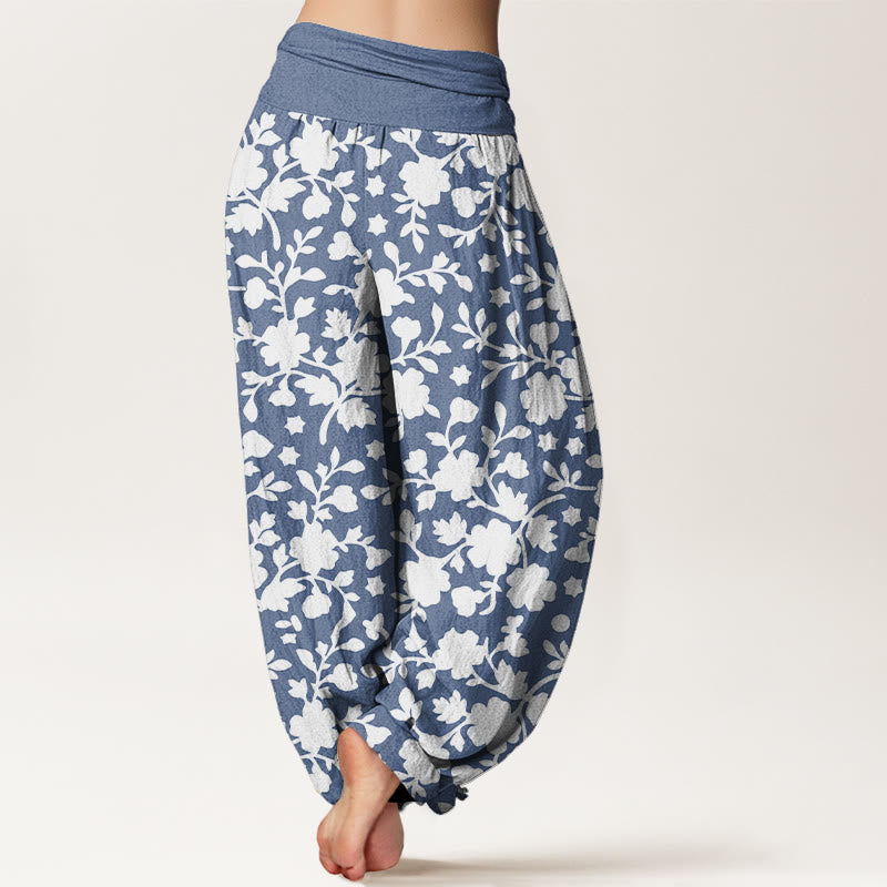 Buddha Stones Pure Cotton White Flowers Leaves Stars Pattern Women's Elastic Waist Harem Pants - image 1