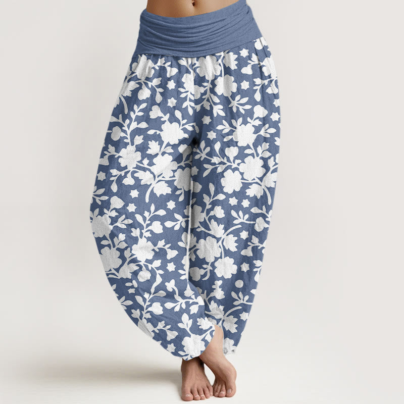 Buddha Stones Pure Cotton White Flowers Leaves Stars Pattern Women's Elastic Waist Harem Pants - SteelBlue - US16，UK/AU20，EU48 (3XL) - image 0