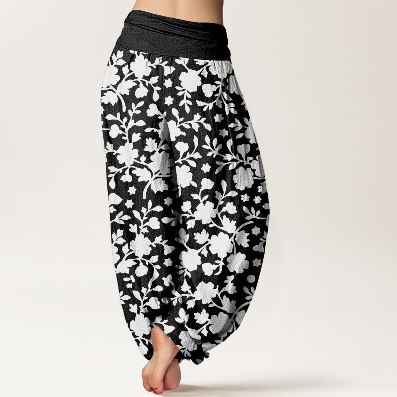 Buddha Stones Pure Cotton White Flowers Leaves Stars Pattern Women's Elastic Waist Harem Pants - image 9