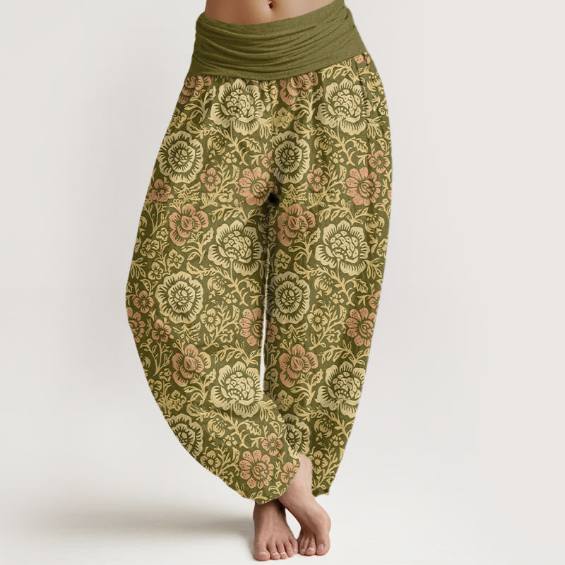 Buddha Stones Pure Cotton Vintage Pastoral Floral Pattern Women's Elastic Waist Harem Pants - Olive - US16，UK/AU20，EU48 (3XL) - image 0
