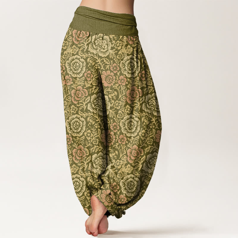 Buddha Stones Pure Cotton Vintage Pastoral Floral Pattern Women's Elastic Waist Harem Pants - image 1