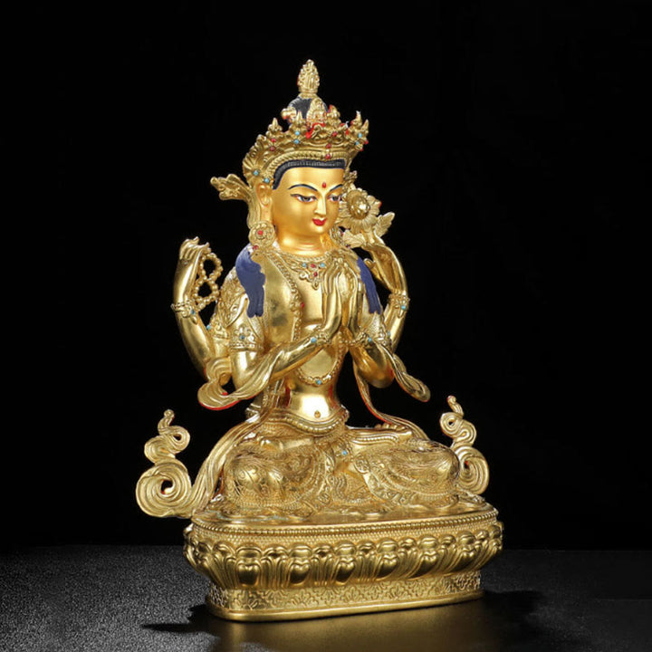 Buddha Stones Chenrezig Four-armed Avalokitesvara Protection Copper Gold Plated Statue Decoration - image 3